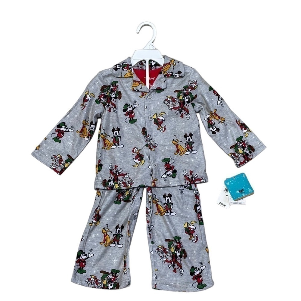 Disney Mickey Mouse Christmas PJs NWT Pajama Set Buttons Grey Size 3T